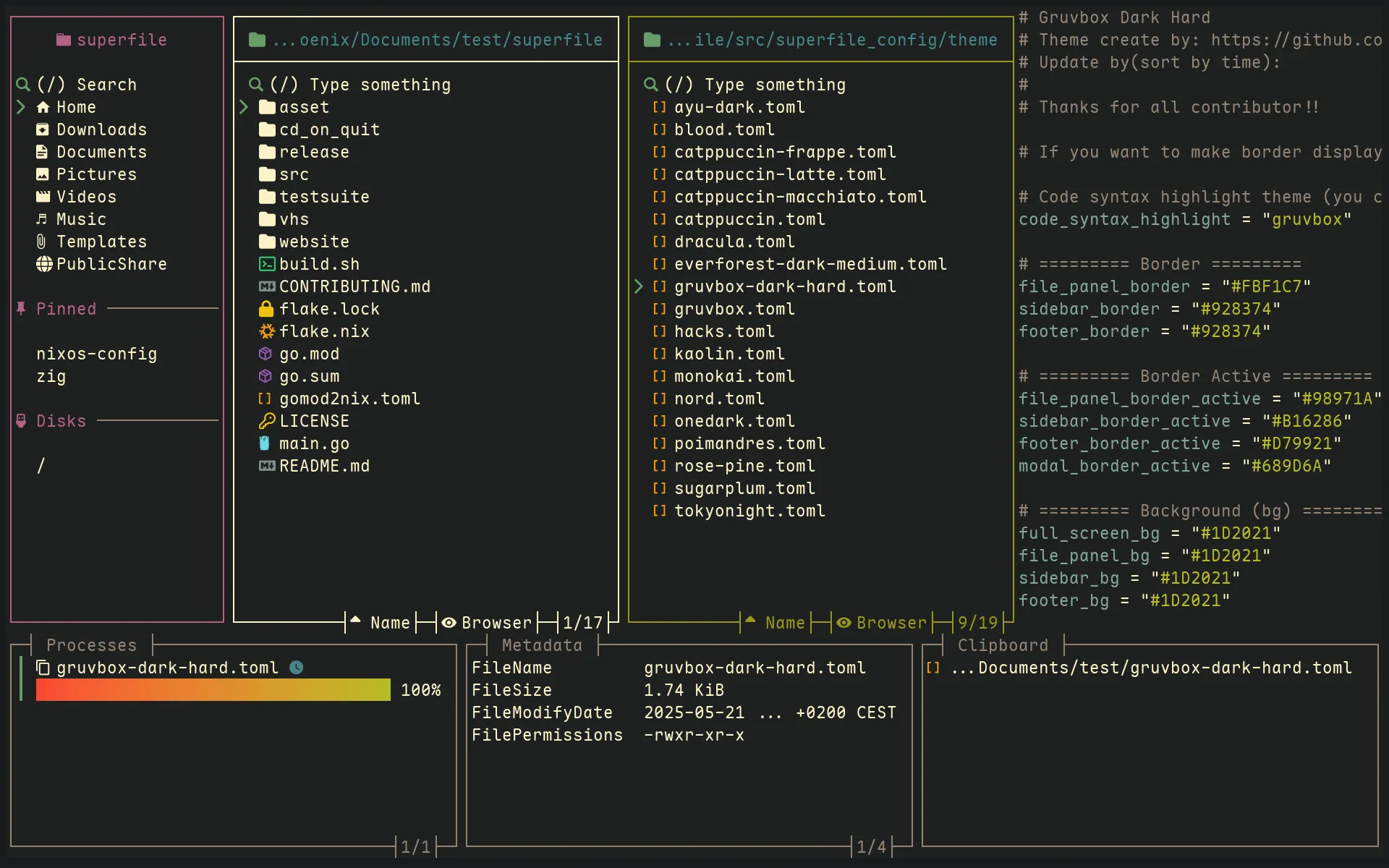 Gruvbox Dark Hard theme preview showing high contrast warm colors